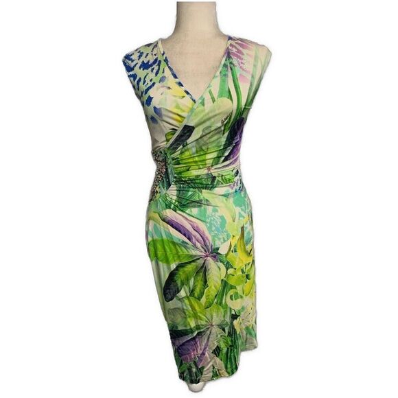 Balizza Green White Purple Blue Floral Rhinestone V Neck Tank Mini Dress Xs - Picture 1 of 5